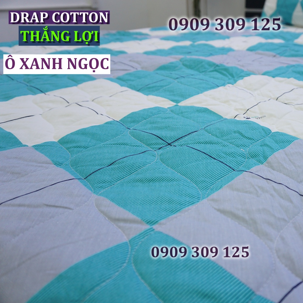 drap cotton Thắng Lợi, ga giường 100% cao cấp Ô XANH NGỌC