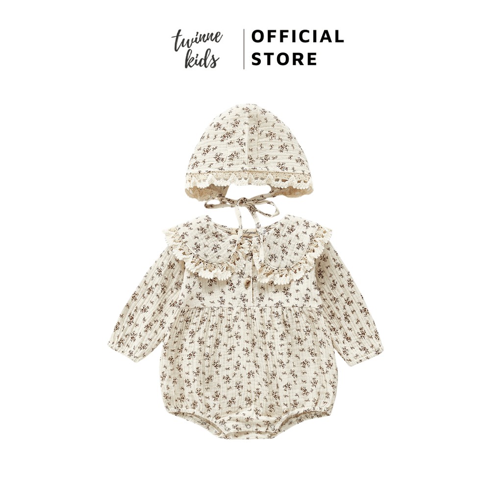 [Little Floral] Bộ đồ liền thân hoa nhí (kèm mũ), romper sơ sinh chất liệu cotton muslin bé gái 3-24 tháng