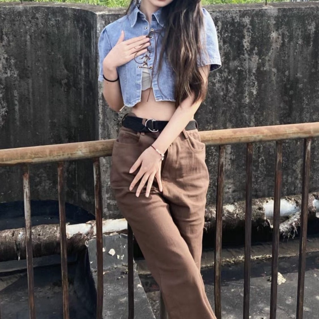 Phong Cách Mới Áo Sơ Mi Denim Mỏng Tay Ngắn Dáng Rộng Cột Dây Màu Tinh Khiết Hình Cô Gái Nóng Bỏng Garbege Series Cho Nữ