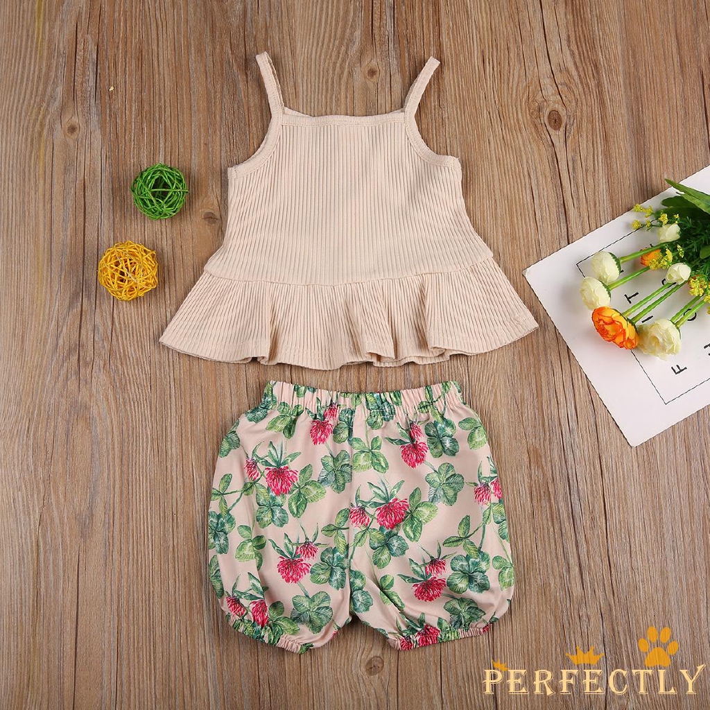 Bộ đồ thời trang mùa hè cho bé gái 1-3 tuổi gồm áo hai dây viền bèo phối quần short/dài lưng thun in hoa
