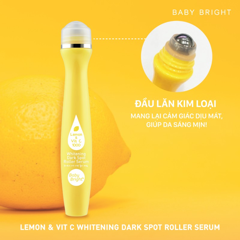 Cây Lăn Cải Thiện Thâm Mụn Baby Bright Lemon &amp; VitC Whitening Dark Spot Roller Serum 15ml