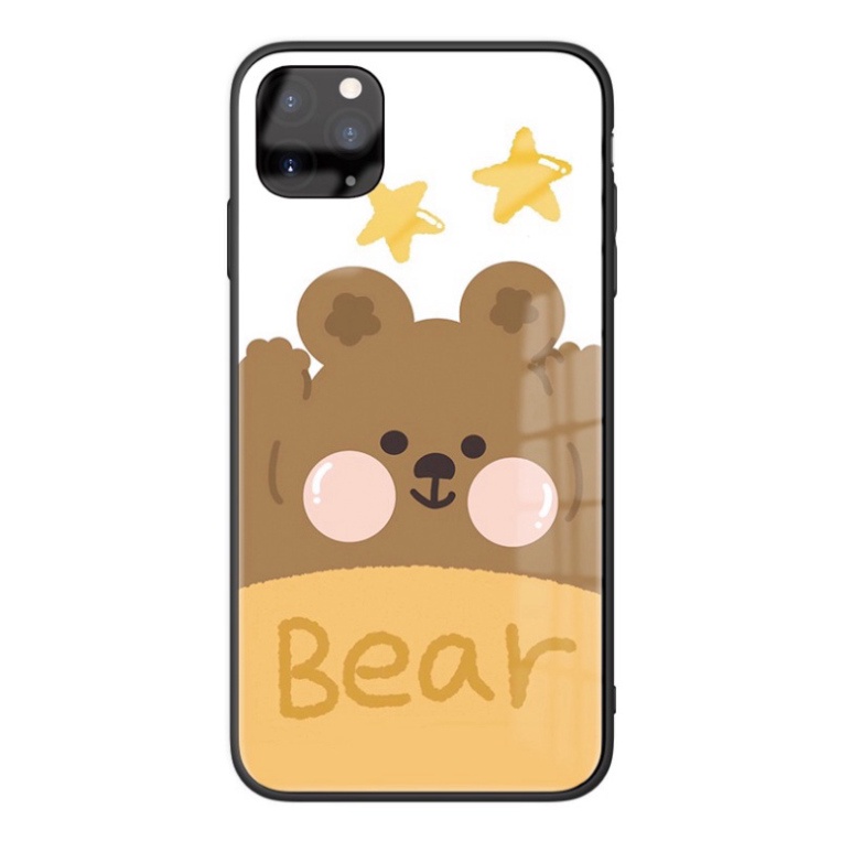 Ốp lưng iphone 6, 7, 8 Plus, X, XS, XR, XSMAX, 11, 11PRO, 11 PROMAX, 12, 13 PROMAX GẤU NÂU má phấn BẰNG KÍNH PKVN