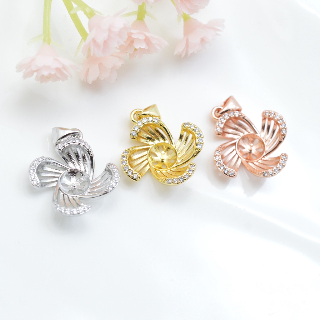 [M2DB] Phụ kiện trang sức (DIY) - Mặt dây chuyền mặt khay trống ngọc 4 cánh hoa đính hạt nạm đá lấp lánh