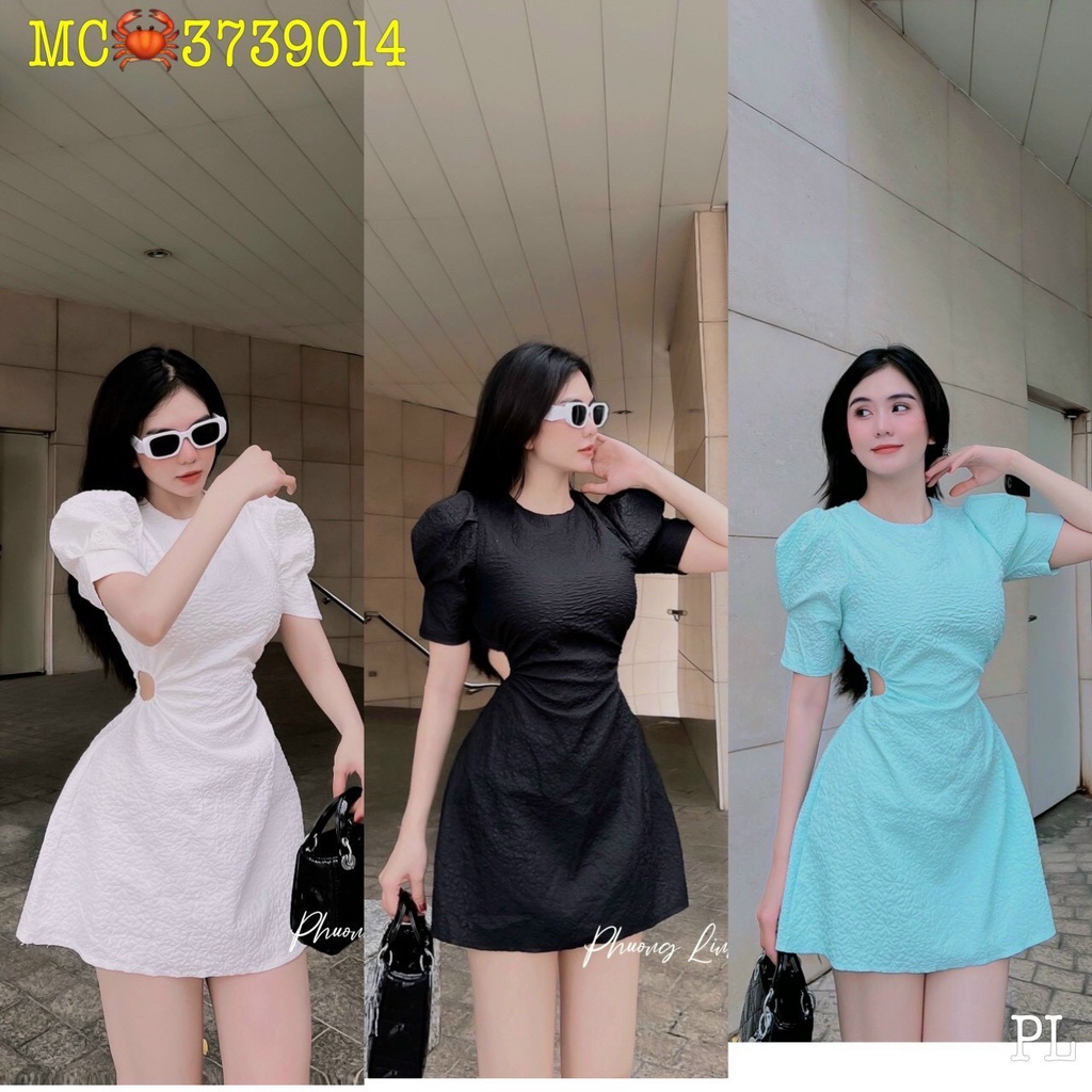 đầm xốp mini kiểu khoét eo cổ tròn ngắn tay hott