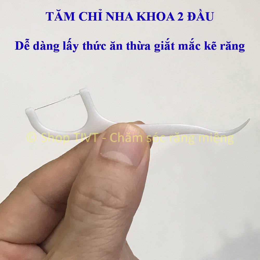 Tăm răng nhựa 2 đầu: đầu tăm và đầu chỉ nha khoa để vệ sinh chân răng, bề mặt răng, lấy ra thức ăn giắt khe kẽ răng-TIVT