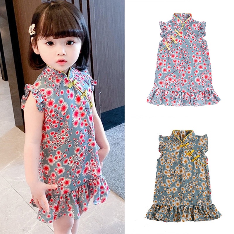 Đầm Sườn Xám Không Tay In Họa Tiết Hoa Thời Trang Mùa Hè Cho Bé Gái