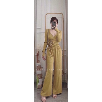 Set bộ len tăm áo kiểu vạt đắp chéo rút dây cho các nàng 🍃