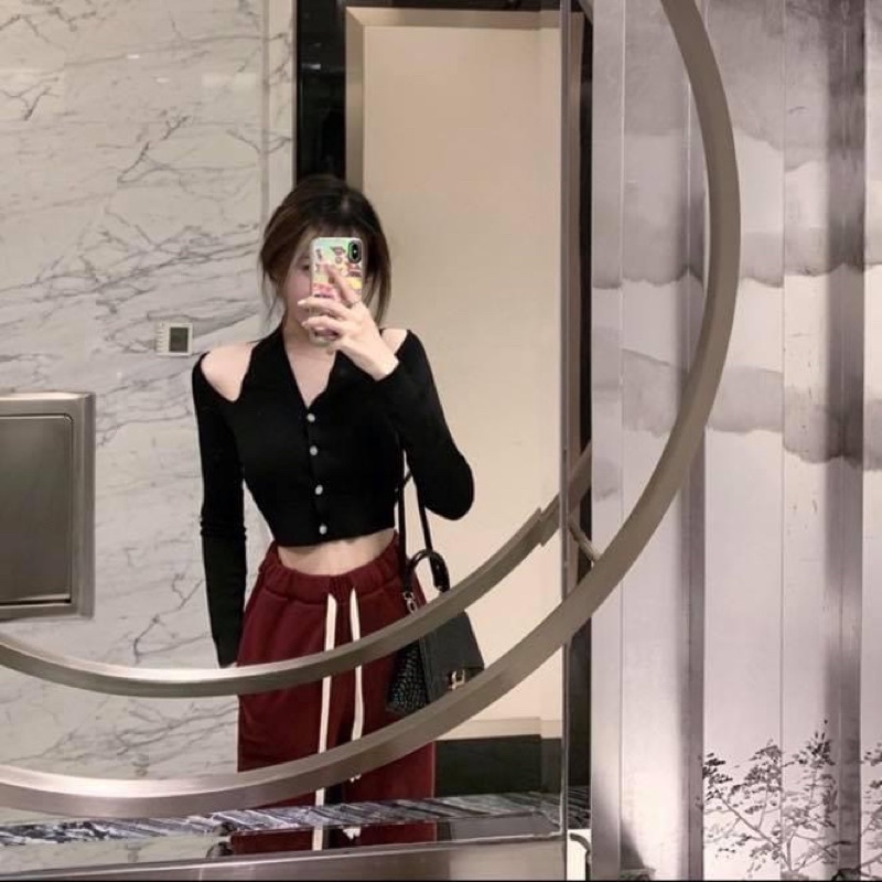 Áo kiểu tay dài cánh dơi khoét vai cut out croptop nữ trơn/ sọc caro len mềm - Order taobao quảng châu