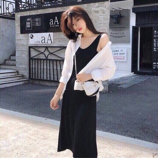 833k đầm maxi xoè nhẹ trắng đen 1400g