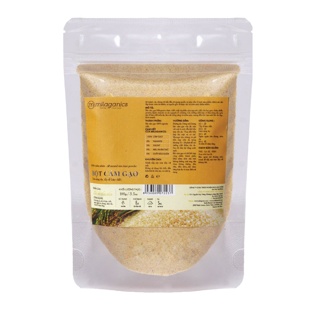 Bột Cám Gạo Nguyên Chất Đắp Mặt Nạ Dưỡng Da Trắng Mịn, Giảm Nám MILAGANICS 100g (Túi Zip) | BigBuy360 - bigbuy360.vn