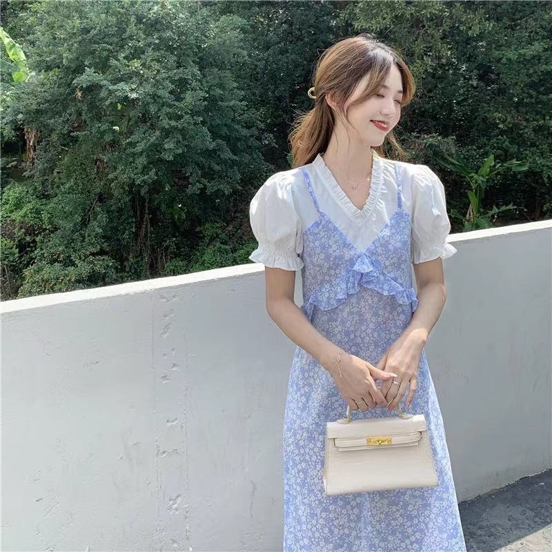 Đầm Giả Hai Mảnh Cổ Chữ V Thiết Kế Mỏng Nhẹ Ngọt Ngào Phong Cách Pháp Mới Cho Nữ