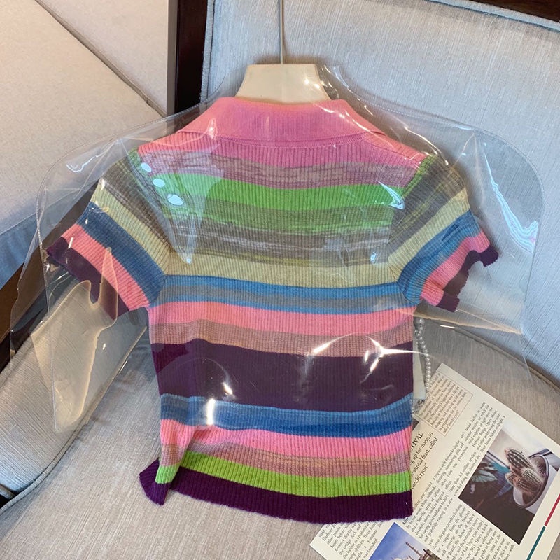 Áo polo Ngắn Tay Họa Tiết Kẻ Sọc Nhiều Màu Sắc Thời Trang Mùa Hè Mới Cho Nữ