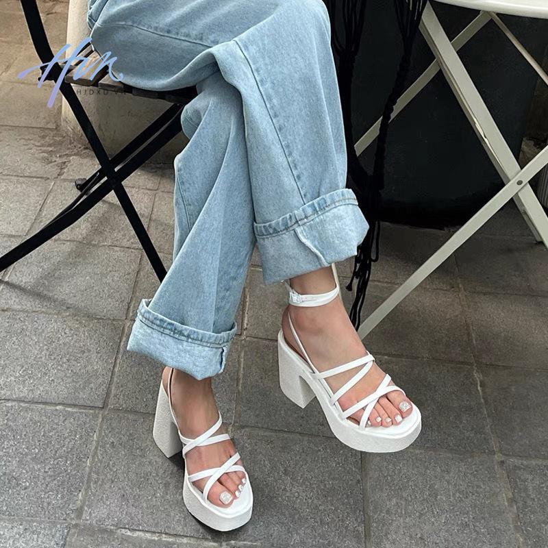 Giày sandal nữ cao gót đế dày quai chéo hở ngón chống nước thời trang mùa hè phong cách Hàn Quốc 2022