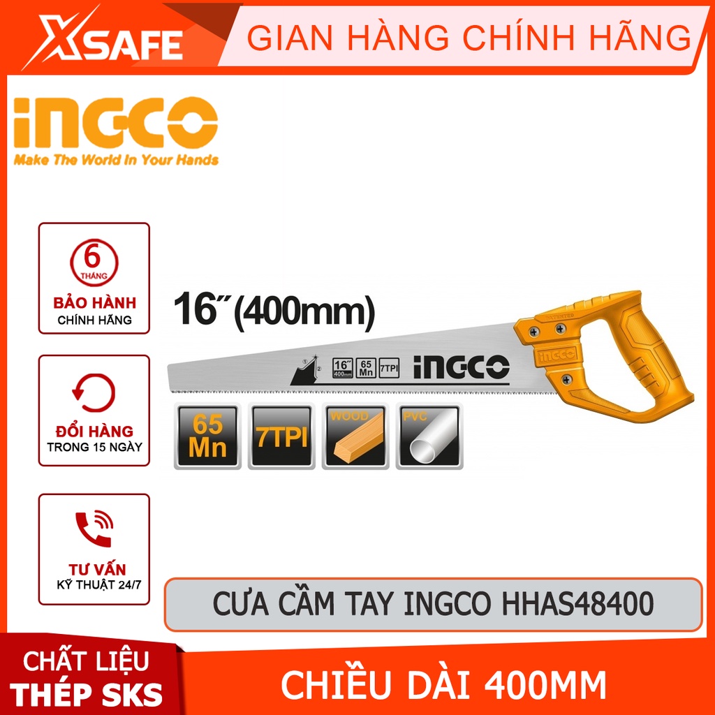 Cưa cầm tay INGCO HHAS48400 Cưa tay lá liễu dài 400mm, độ dày 0.9mm, chất liệu thép SKS, 7 răng cưa/inch - [XSAFE]