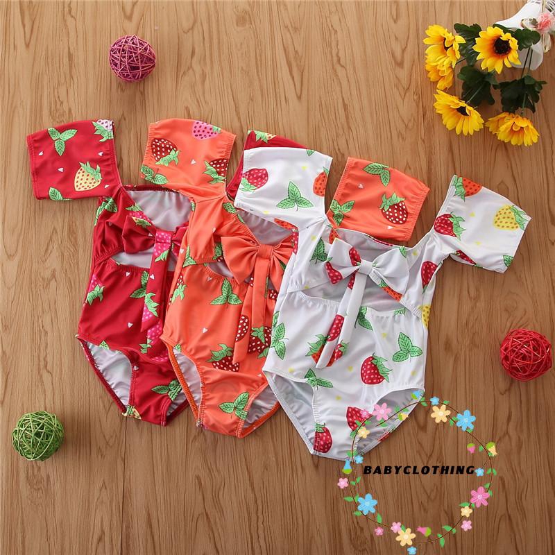 ღWSVღBaby Girl Strawberry Print One-Piece Toddler Swimsuit Short Sleeve Bow Hollow Swimsuit