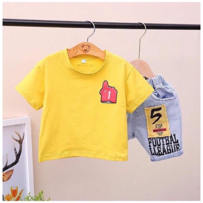 Set bộ áo thun quần jean cho bé trai phong cách Hàn Quốc, Size 9-23kg, thấm hút mồ hôi, co giãn 4 chiều Hongvybaby