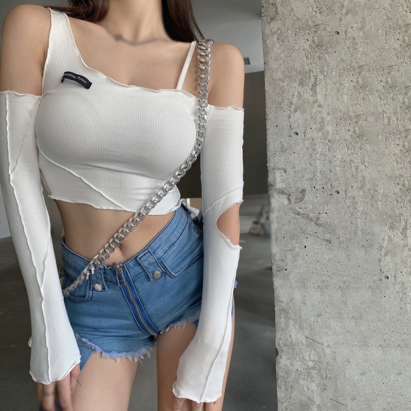 Áo Thun Lửng Tay Dài Khoét Lỗ Quyến Rũ Phong Cách Hàn Quốc Cho Nữ