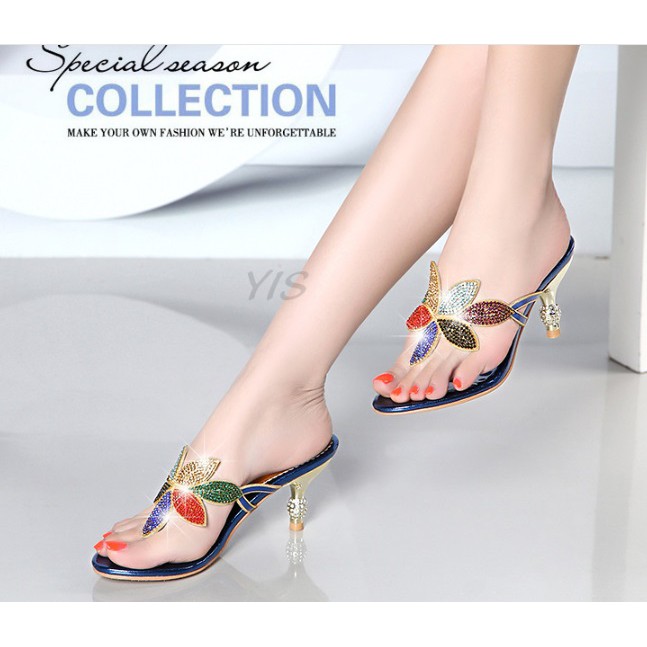 Dép xỏ ngón cao 5cm da dê gắn đá size từ 34 đến 41