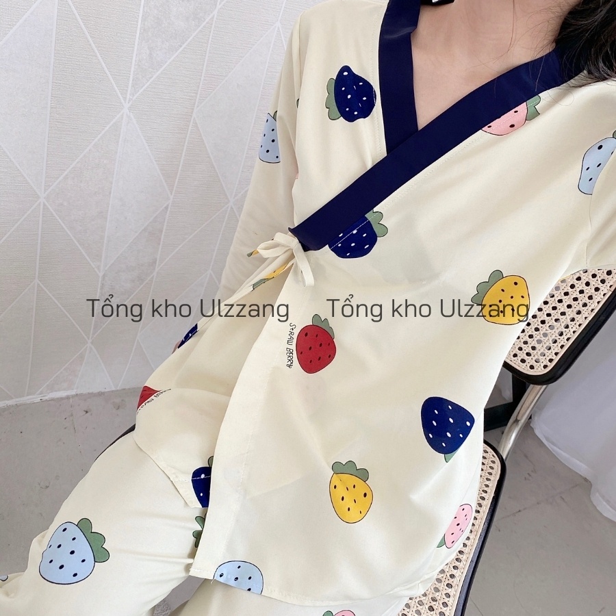 Bộ Pijama Kimono Dài Tay Phối Viền Họa Tiết Dễ Thương Chất Mềm Mịn