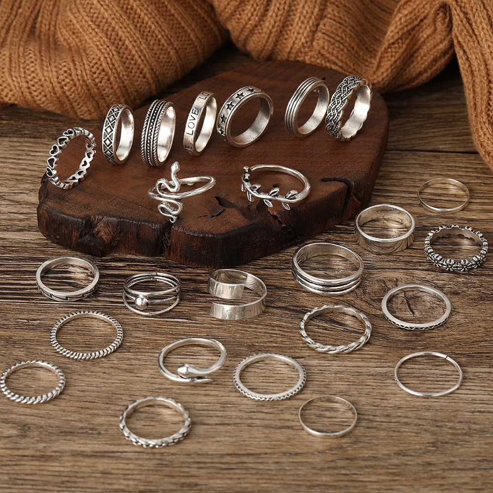 IF ME Bộ 25 Nhẫn Bạc Hình Rắn/Trái Tim/Chiếc Lá/Chiếc Lá Kiểu Cổ Điển Thời Trang Cho Nữ