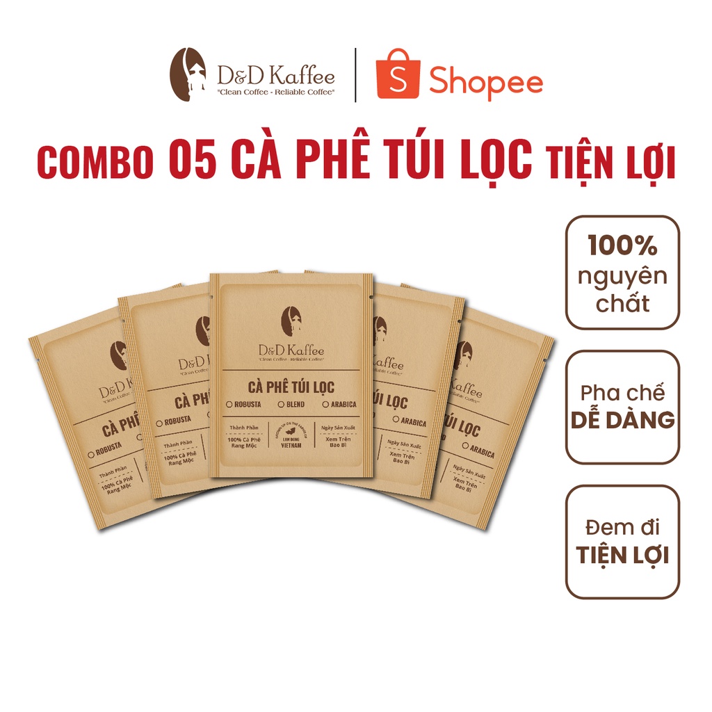 Cà Phê Phin Giấy Nguyên Chất Rang Mộc D&amp;D Kaffee -  [Combo 5 túi và 10 túi] Tiện lợi đi du lịch - 12gr/Túi