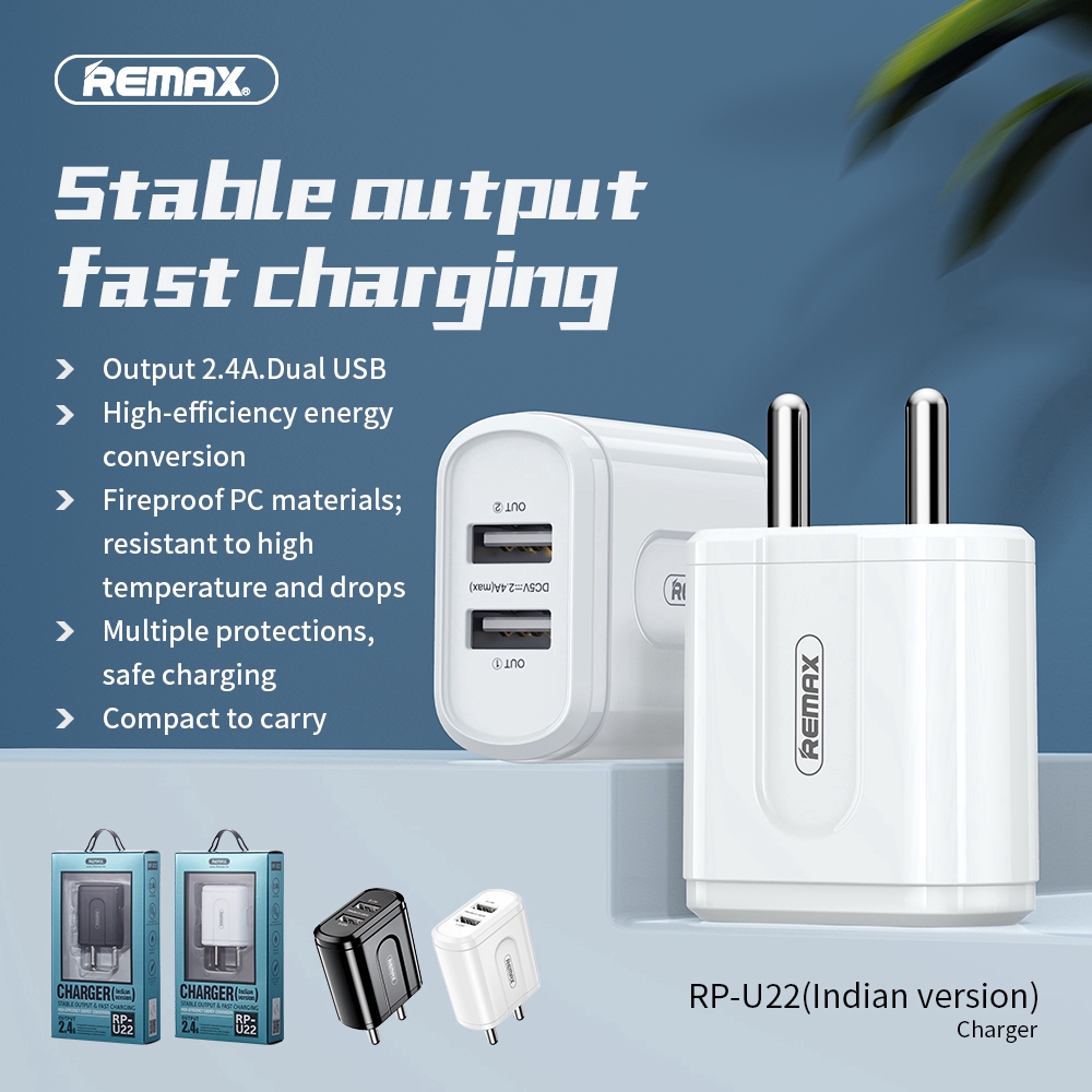 Remax USB 2 Port Charger Plug with UK AU US Indian Plug 2.4A Charging Adapter