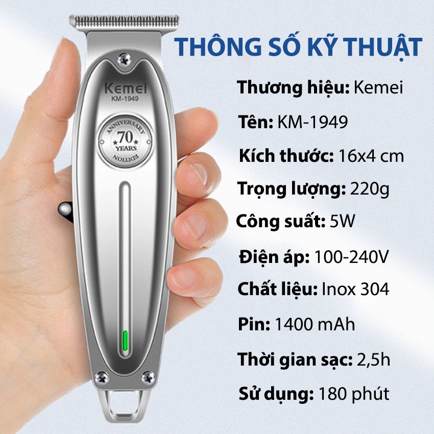 Tông đơ chấn viền KEMEI 1949 không dây chuyên nghiệp, có thể khắc tatoo cạo trắng, cạo đầu siêu nhẹ siêu sát