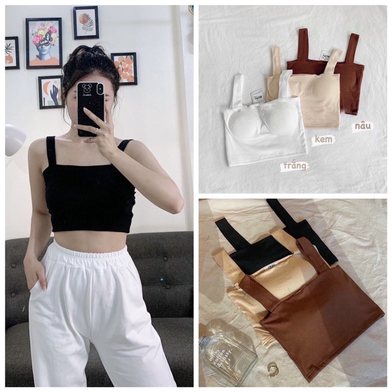 Áo Thun Croptop 2 Dây Bản To Có Đệm