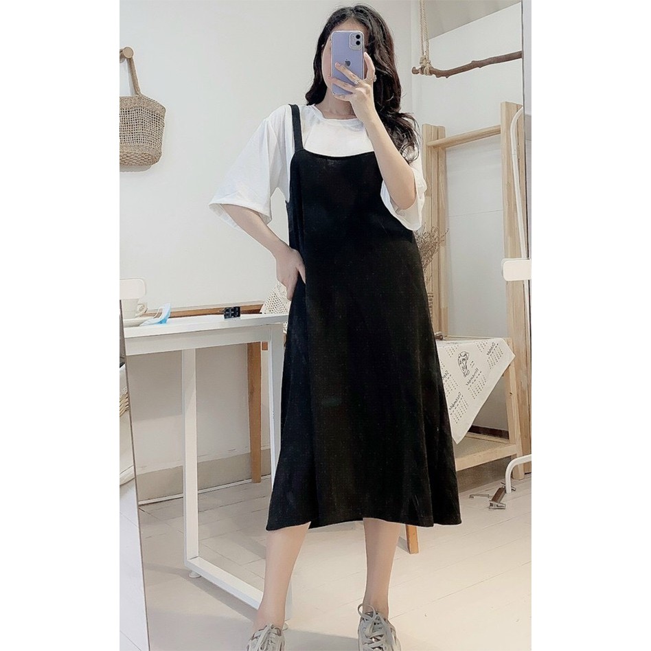Set Đầm Bầu Yếm Kèm Áo Phông Cotton Tay Lỡ Bộ Váy Yếm Áo Thun Dáng Rộng Hàng VNXK | BigBuy360 - bigbuy360.vn