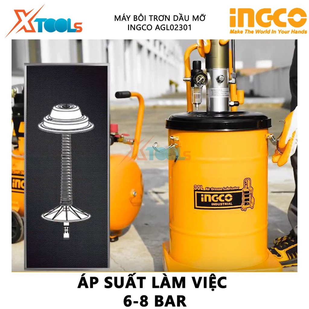 Máy bôi trơn dầu mỡ INGCO AGL02301 | mỡ bôi trơn Chiều dài ống mỡ 5M, Áp suất làm việc 6-8 bar, 315 x 430mm, lượng khí 6