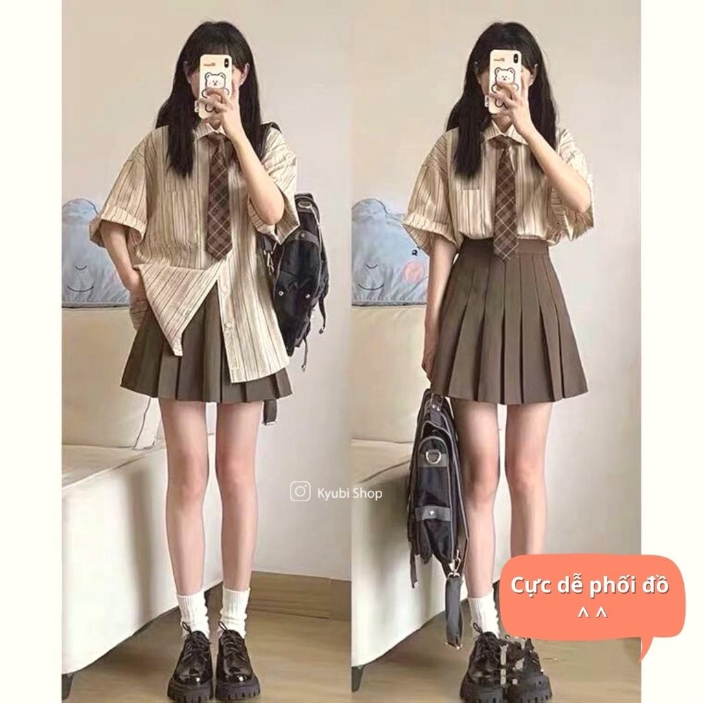 Chân váy ngắn xếp ly tennis KYUBI nữ sinh hàn quốc ulzzang màu NÂU ĐEN TRẮNG (Có lót quần trong, có bigsize) - STAR9