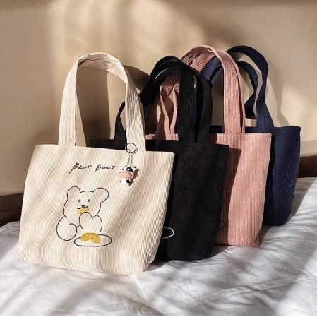 Túi Tote Thêu Hình Gấu Túi Vải Đeo Vai Kiểu Dáng Hàn Quốc