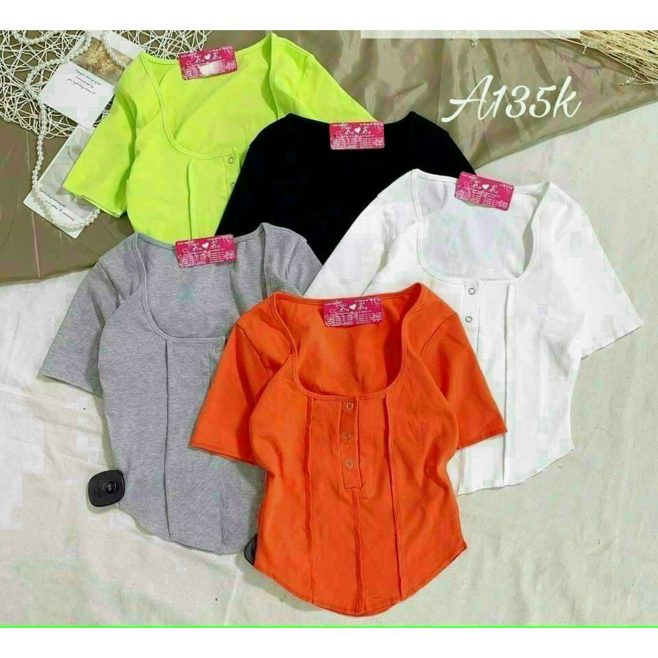 Áo Thun Borip Cổ Vuông Gài Nút Bấm Tay Ngắn Xinh Xắn TTSLA0826