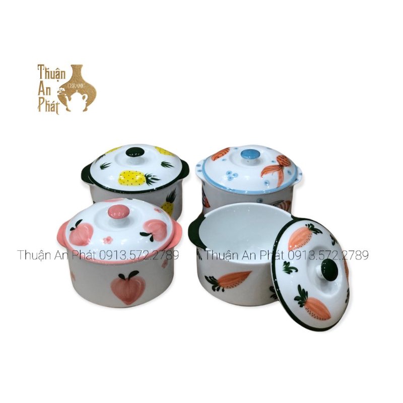 Thố hũ hai tai có nắp Bát decor trang trí thức ăn, đựng mỡ, đựng mẻ dung tích 600ml gốm sứ Bát Tràng