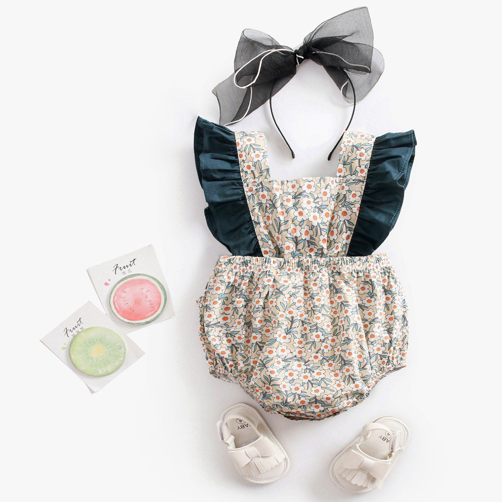 Bộ Áo Liền Quần Bằng Cotton Trơn In Hoa Màu Xanh Lá Thời Trang Xuân Hè Cho Bé Gái Sơ Sinh 0716