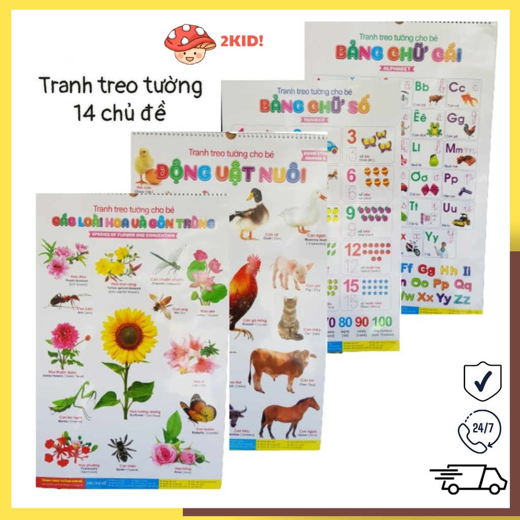 Bộ tranh treo tường 14 chủ đề song ngữ Anh - Việt cho bé nhận biết về thế giới xung quanh và học tập cùng Bảng chữ cái