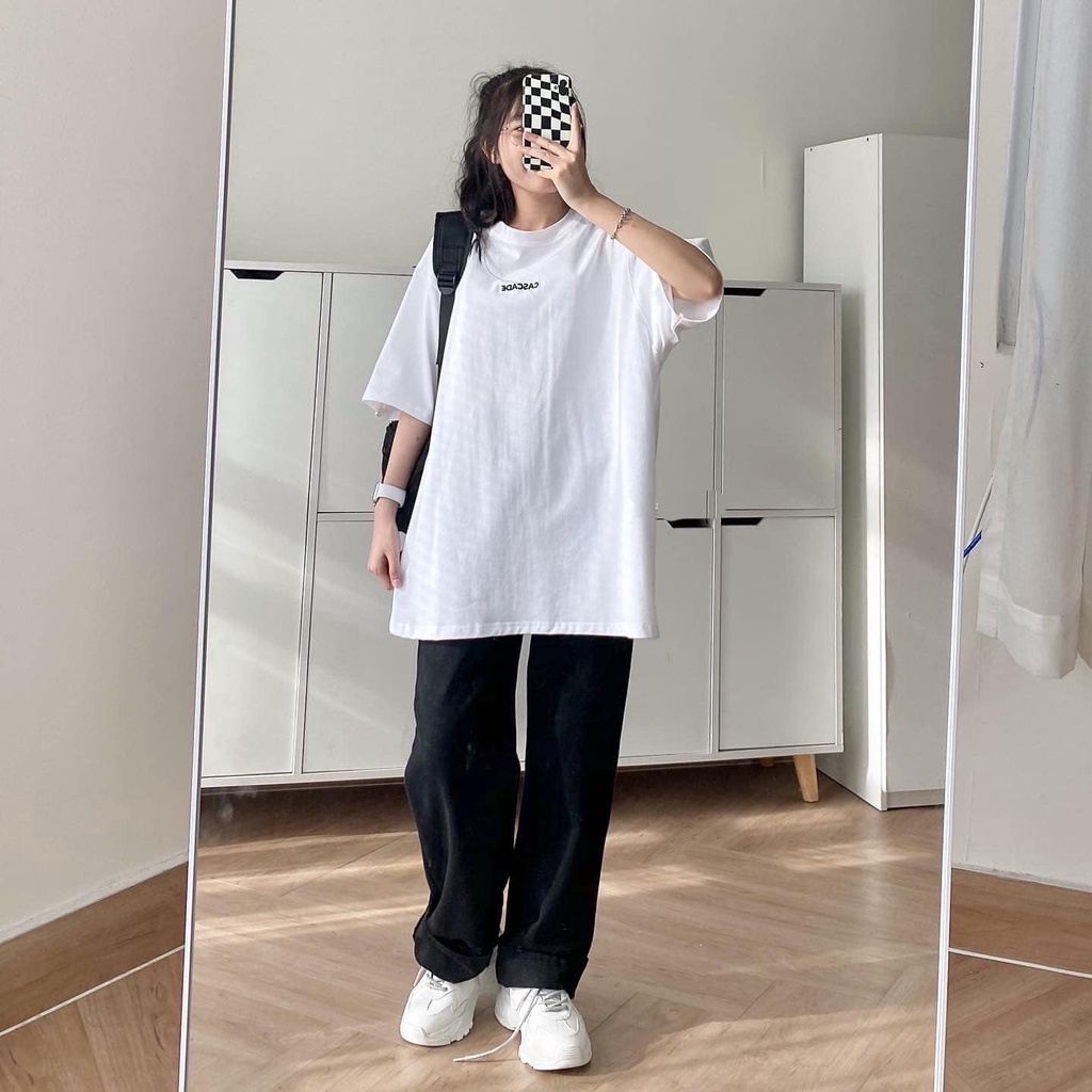 ÁO THUN NỮ TAY LỠ FORM RỘNG UNISEX THÊU CHỮ CASCADE TRƯỚC SAU MÀU BE MÀU TRẮNG SIÊU MÁT CỰC TREND HADI HOT HIT