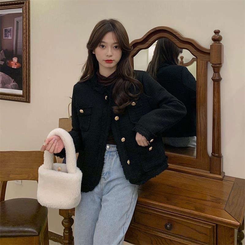 Áo khoác dạ Tweed Hàn Quốc, chất liệu dày dặn mềm mịn, 2 lớp cúc kim loại mạ vàng- hàng sẵn