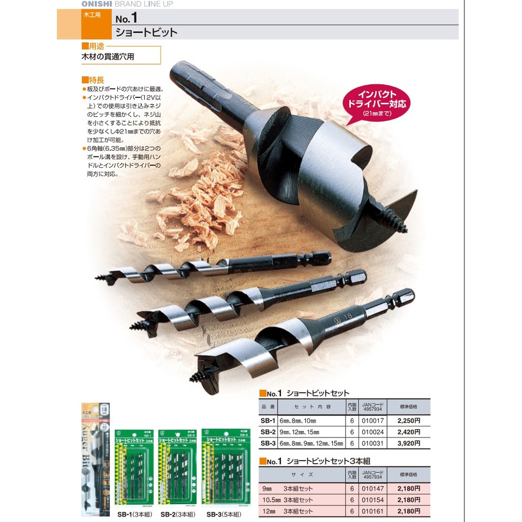 Mũi khoan gỗ xoắn ốc Auger Φ22 dài rãnh 70mm chuôi lục Onishi Nhật Bản