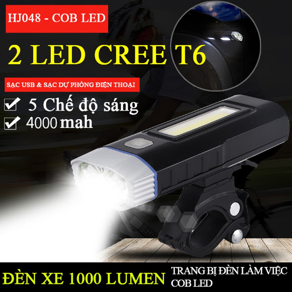 Đèn Pha Xe Đạp Đa Năng HJ048 | Đèn LED Siêu Sáng Kết Hợp Sạc Dự Phòng Điện Thoại Và Đèn COB LED Hỗ Trợ Làm Việc