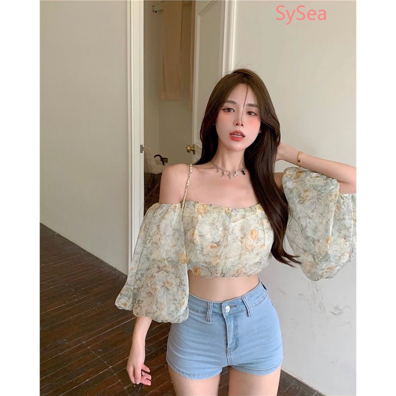 Áo Croptop Chiffon Họa Tiết Hoa Phong Cách Vintage Pháp