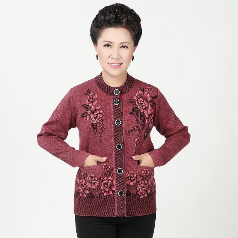 Áo khoác len hoa không cổ cho bà