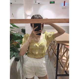 Áo mili caro crop (hình thật trải sàn)