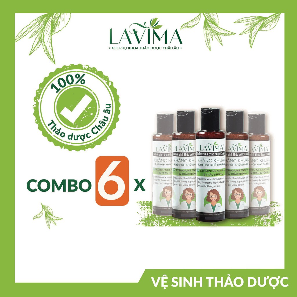 Combo 6 Dung Dịch Vệ Sinh Phụ Nữ Thảo Dược Châu Âu LAVIMA 88g - Huyết Trắng, Nấm Ngứa, Lộ Tuyến- An Toàn Cho Mẹ Bầu