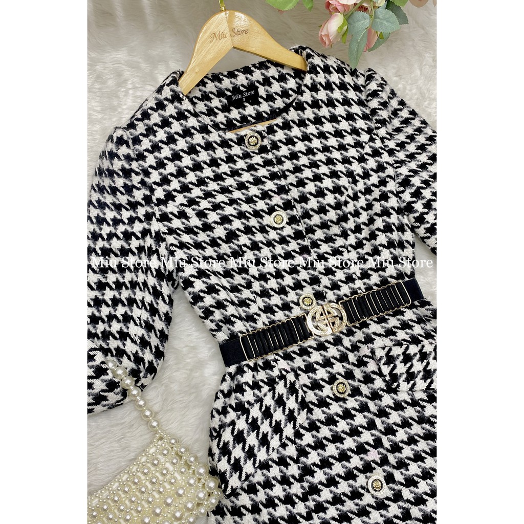 Áo khoác dạ dáng dài họa tiết houndstooth cổ tròn - AK00001 | BigBuy360 - bigbuy360.vn