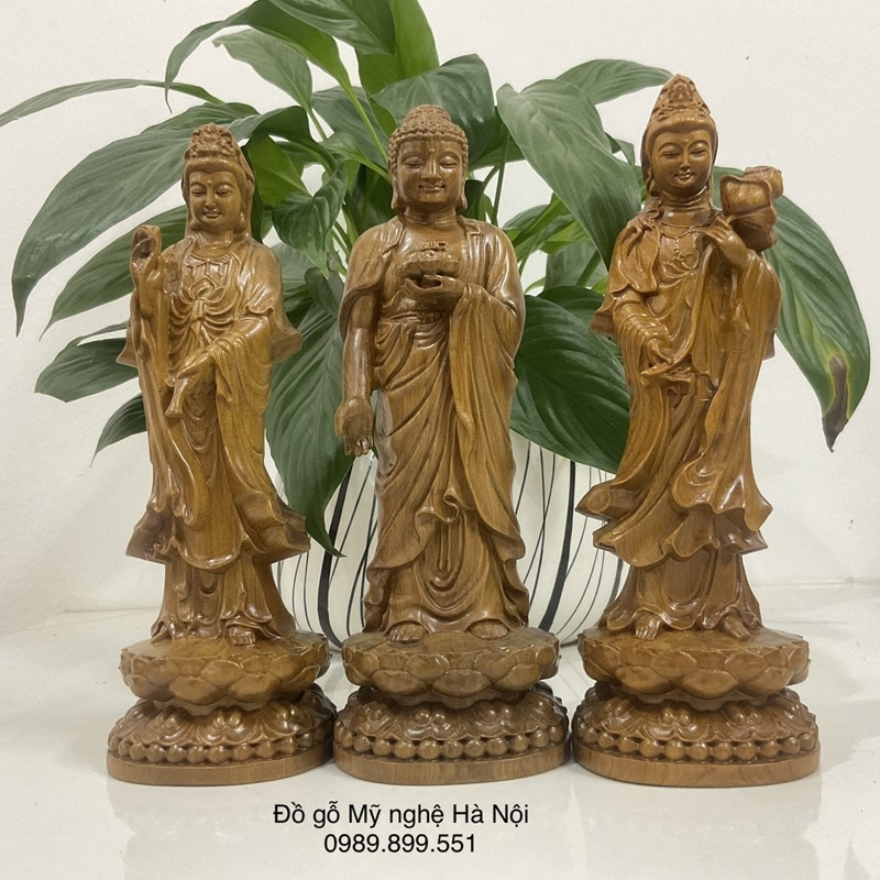 bộ tượng Tây phương Tam thánh bằng gỗ thơm cao 20 cm