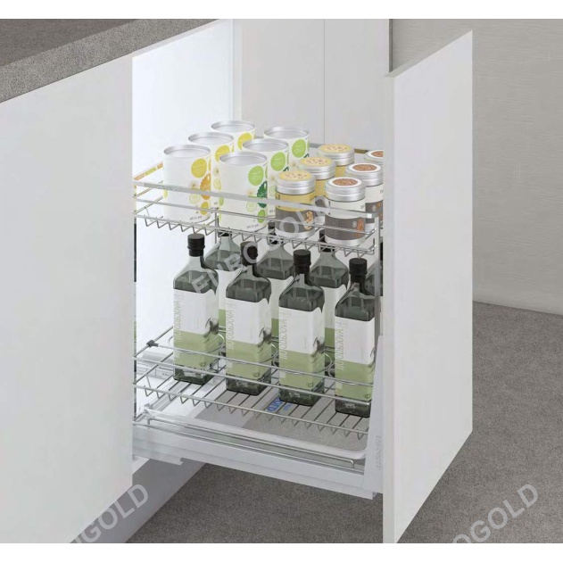 Kệ gia vị inox nan dẹt, ray trượt giảm chấn thông minh Eurogold