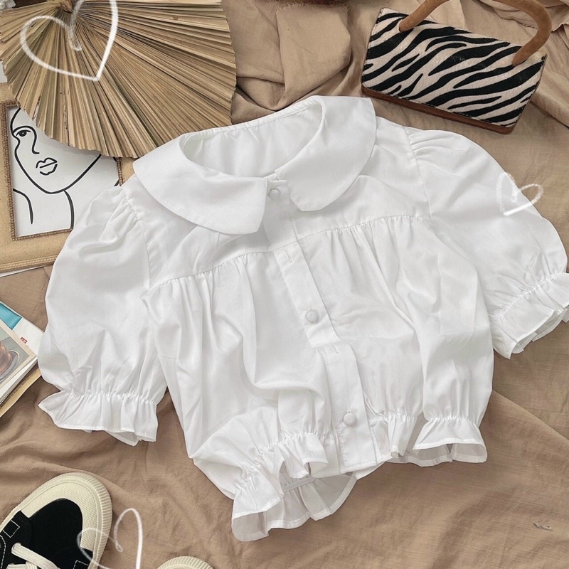 ÁO NÚT TAY PHỒNG BO EO TRẮNG