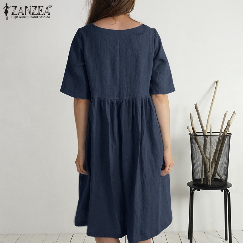 Đầm Zanzea mini tay lửng cài nút màu trơn đơn giản dễ phối đồ phong cách đường phố Hàn Quốc cho nữ