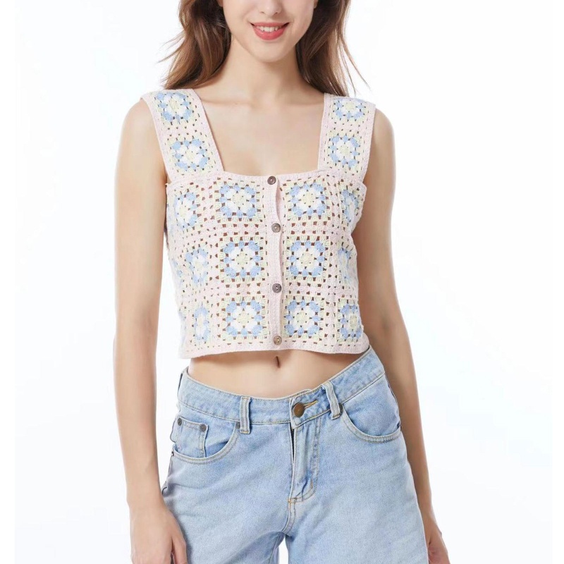 Xiangbao Áo Tank Top Đan Móc Rỗng Họa Tiết Hoa Phong Cách Pháp Ngọt Ngào Dễ Phối Đồ